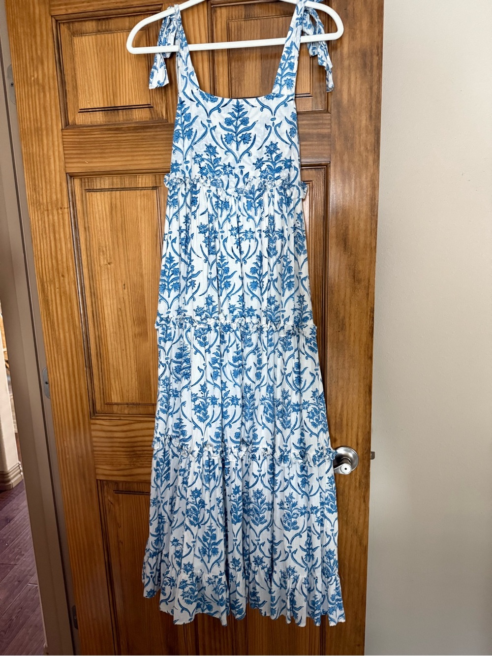 White and Blue Floral Tie-Shoulder Maxi Dress